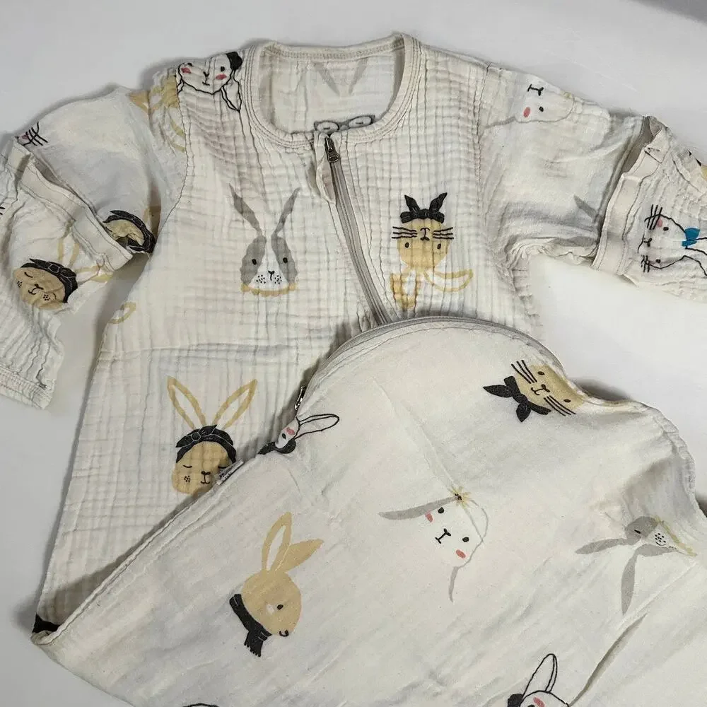 Gender Neutral Bunny Zip Up Linen Sleep Sack w/ Snap Off Sleeves Sz 105cm